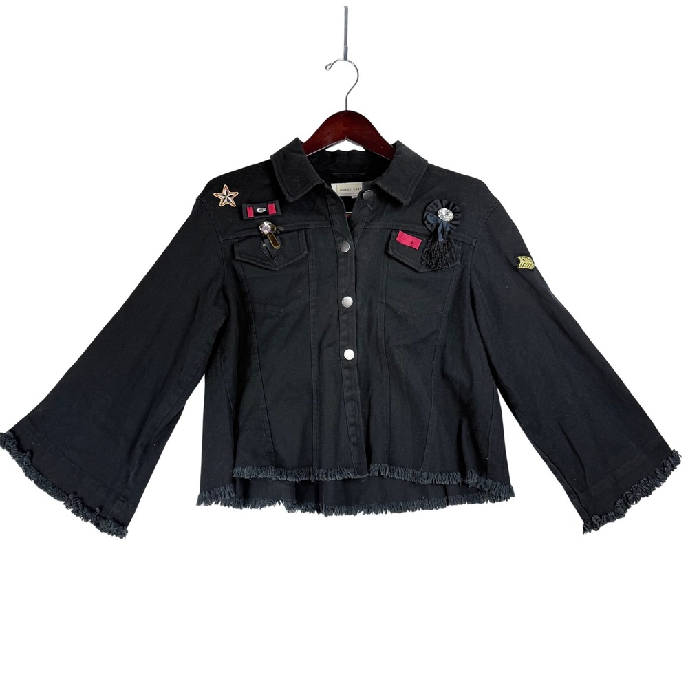 Guest Editor Denim Jacket Womens S Black Ruffle Back Bell Sleeve Edgy Military